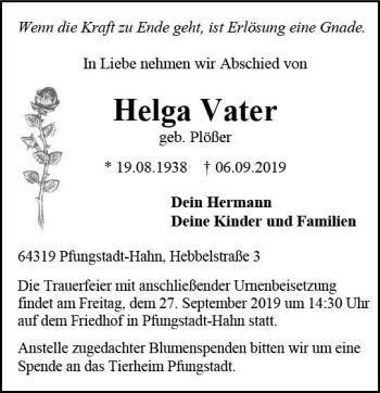 Traueranzeige von Helga Vater von vrm-trauer