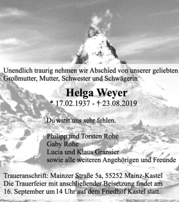 Traueranzeige von Helga Weyer von vrm-trauer