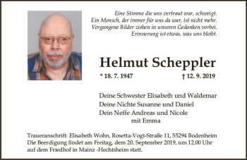 Traueranzeige von Helmut Scheppler von vrm-trauer