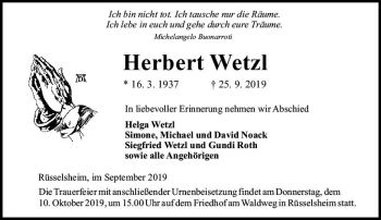 Traueranzeige von Herbert Wetzl von vrm-trauer