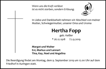 Traueranzeige von Hertha Fopp von vrm-trauer