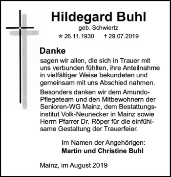 Traueranzeige von Hildegard Buhl von vrm-trauer