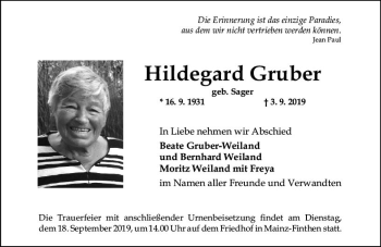 Traueranzeige von Hildegard Gruber von vrm-trauer