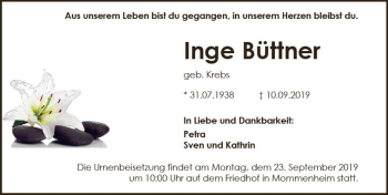 Traueranzeige von Inge Büttner von vrm-trauer