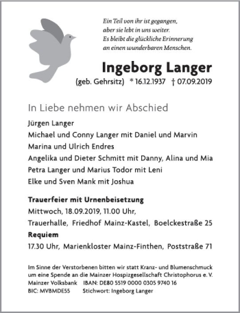 Traueranzeige von Ingeborg Langer von vrm-trauer