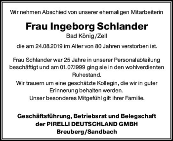 Traueranzeige von Ingeborg Schlander von vrm-trauer