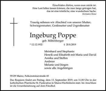 Traueranzeige von Ingeburg Poppe von vrm-trauer