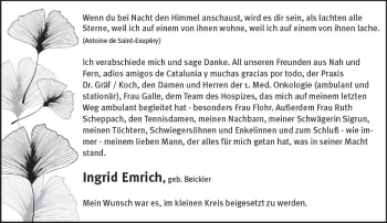 Traueranzeige von Ingrid Emrich von vrm-trauer