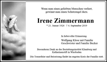 Traueranzeige von Irene Zimmermann von vrm-trauer