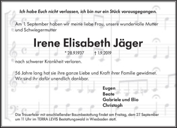 Traueranzeige von Irene Elisabeth Jäger von vrm-trauer