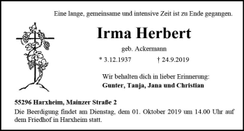Traueranzeige von Irma Herbert von vrm-trauer