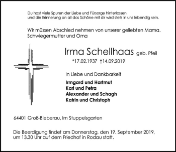 Traueranzeige von Irma Schellhaas von vrm-trauer