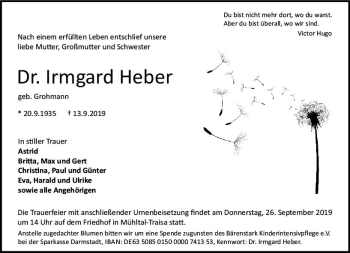 Traueranzeige von Irmgard Heber von vrm-trauer