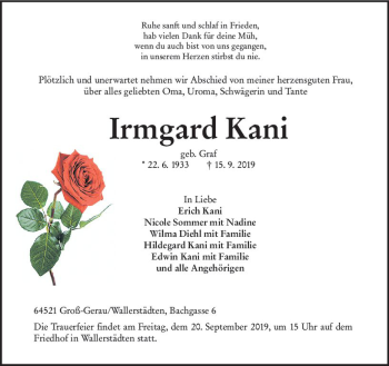 Traueranzeige von Irmgard Kani von vrm-trauer