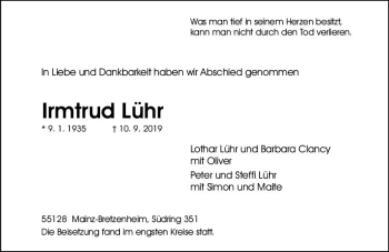Traueranzeige von Irmtrud Lühr von vrm-trauer