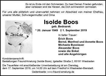 Traueranzeige von Isolde Boos von vrm-trauer