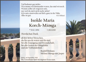 Traueranzeige von Isolde Maria Korch-Miosga von vrm-trauer