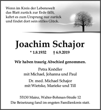 Traueranzeige von Joachim Schajor von vrm-trauer