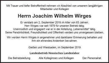 Traueranzeige von Joachim Wilhelm Wirges von vrm-trauer