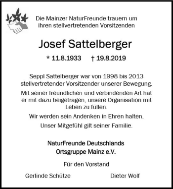 Traueranzeige von Josef Sattelberger von vrm-trauer