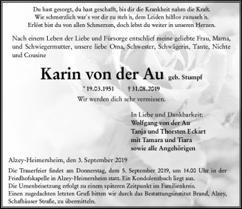 Traueranzeige von Karin von der Au von vrm-trauer