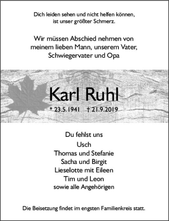 Traueranzeige von Karl Ruhl von vrm-trauer