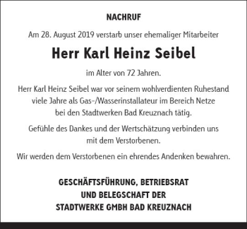 Traueranzeige von Karl Heinz Seibel von vrm-trauer