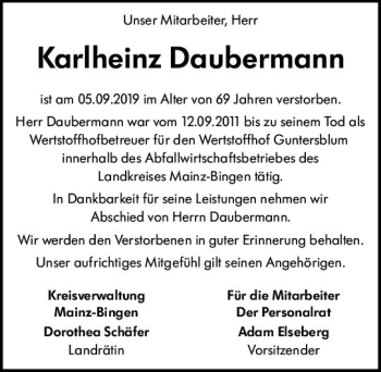 Traueranzeige von Karlheinz Daubermann von vrm-trauer