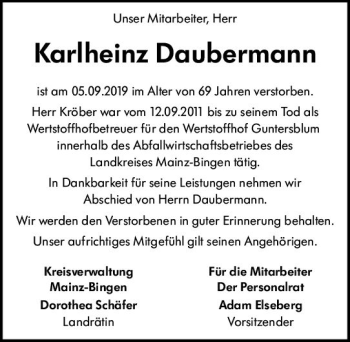 Traueranzeige von Karlheinz Daubermann von vrm-trauer
