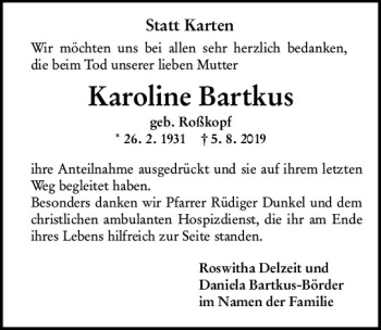 Traueranzeige von Karoline Bartkus von vrm-trauer