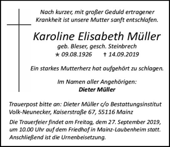 Traueranzeige von Karoline Elisabeth Müller von vrm-trauer