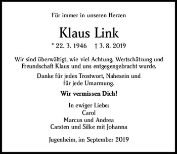 Traueranzeige von Klaus Link von vrm-trauer