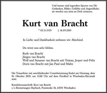 Traueranzeige von Kurt van Bracht von vrm-trauer