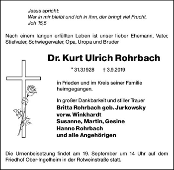 Traueranzeige von Kurt Ulrich Rohrbach von vrm-trauer