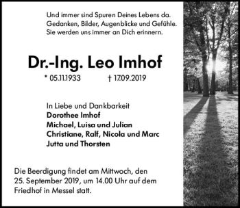 Traueranzeige von Leo Imhof von vrm-trauer