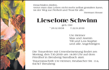 Traueranzeige von Lieselotte Schminn von vrm-trauer