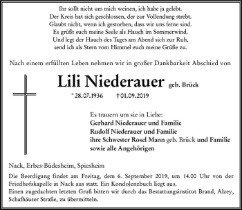Traueranzeige von Lili Niederauer von vrm-trauer