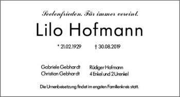 Traueranzeige von Lilo Hofmann von vrm-trauer