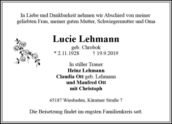 Traueranzeige von Lucie Lehmann von vrm-trauer