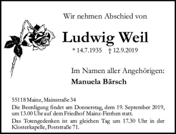 Traueranzeige von Ludwig Weil von vrm-trauer