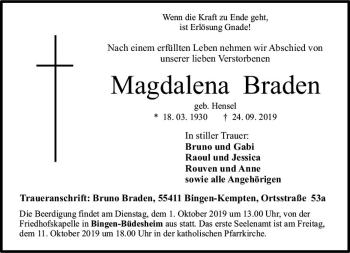 Traueranzeige von Magdalena Braden von vrm-trauer