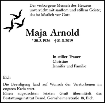 Traueranzeige von Maja Arnold von vrm-trauer