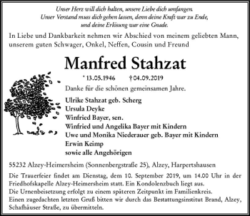 Traueranzeige von Manfred Stahzat von vrm-trauer
