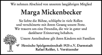 Traueranzeige von Marga Mickenbecker von vrm-trauer
