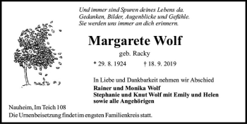 Traueranzeige von Margarete Wolf von vrm-trauer