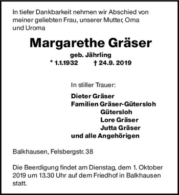 Traueranzeige von Margarethe Gräser von vrm-trauer