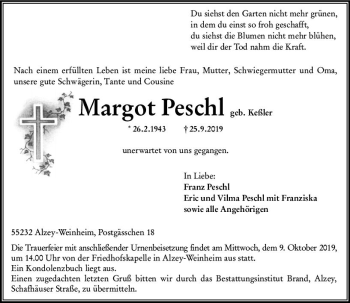 Traueranzeige von Margot Peschl von vrm-trauer