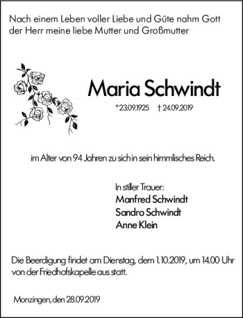 Traueranzeige von Maria Schwind von vrm-trauer