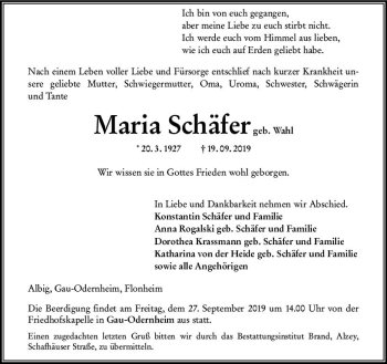 Traueranzeige von Maria Schäfer von vrm-trauer