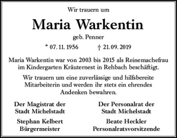 Traueranzeige von Maria Warkentin von vrm-trauer